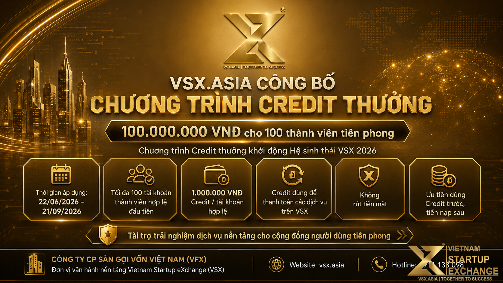 VSX.ASIA công bố Chương trình Credit thưởng 100.000.000 VNĐ cho 100 thành viên Hệ sinh thái số